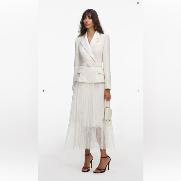 Self portrait cream tailored boucle and chiffon midi dress